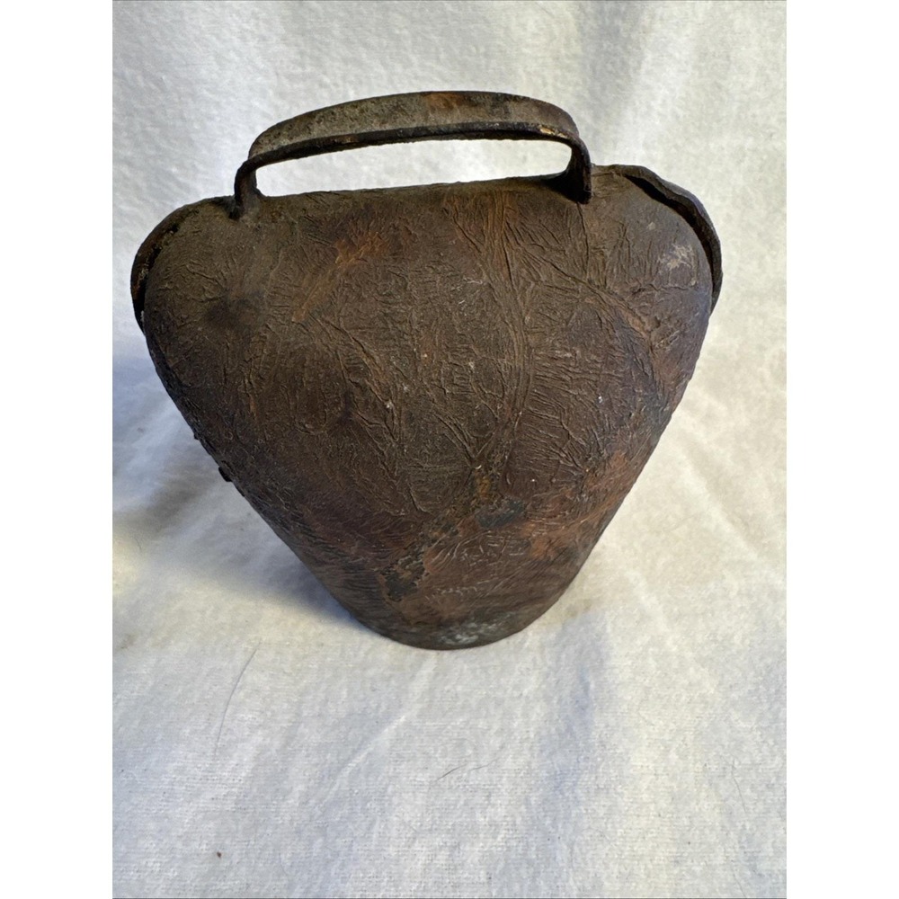 Antique Cow Bell Iron Brass Finish Rustic Textured Design Original Clapper 4"
